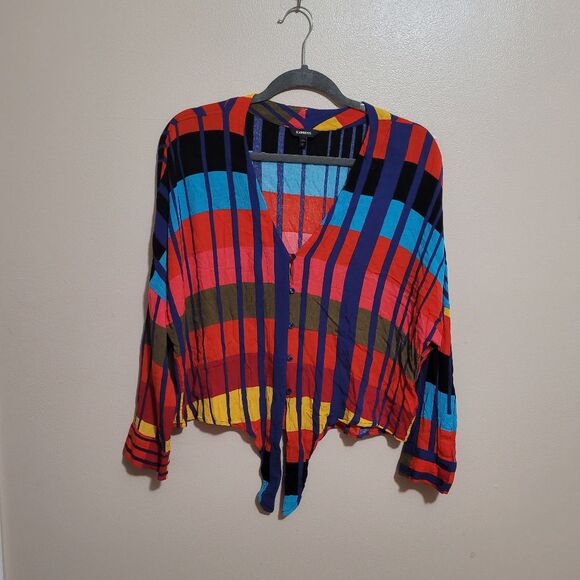 Express Bright Multi colored button up tie front Blouse Geometric Pattern Size S - Picture 1 of 7